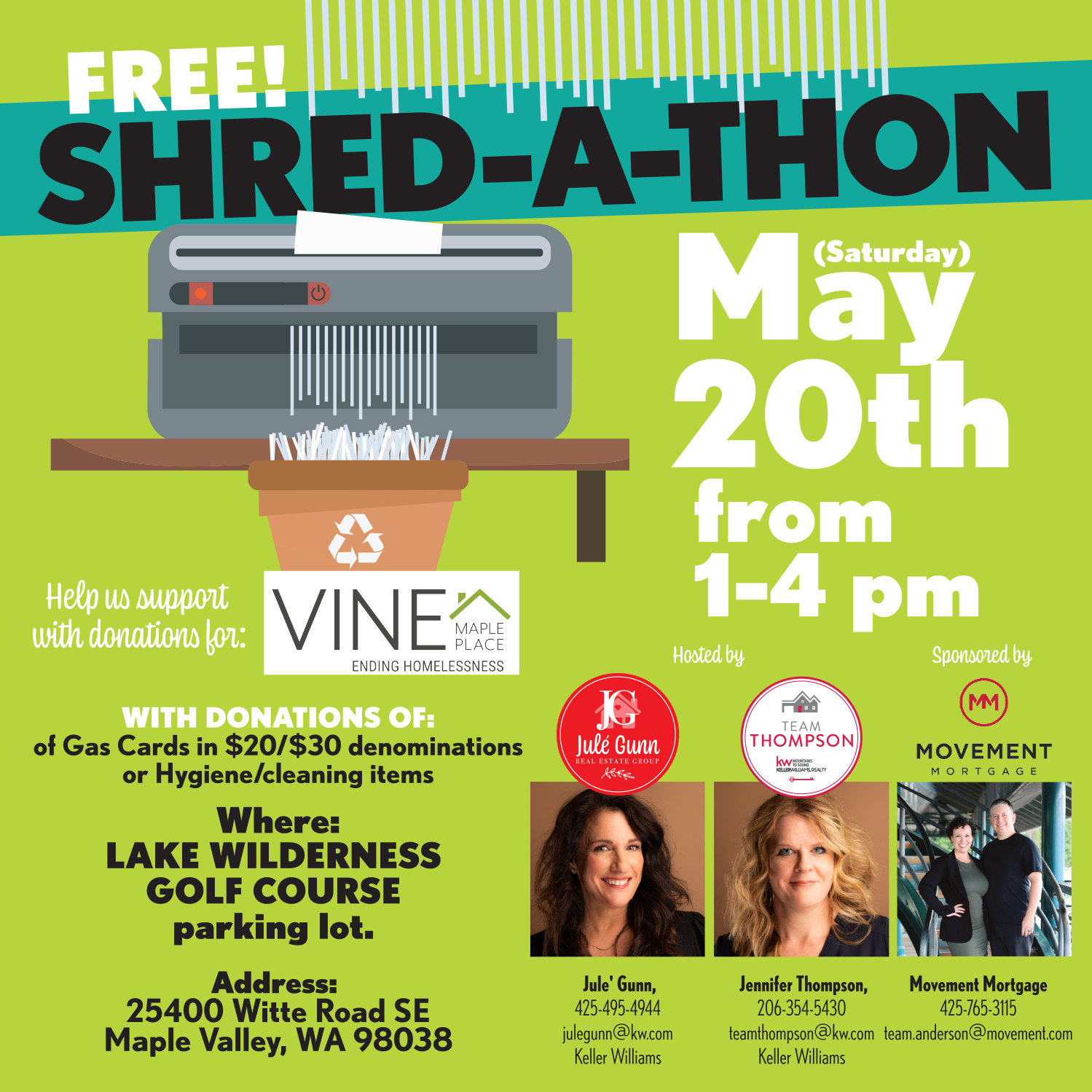 Free Shred a Thon and Vine Maple Place Donation Drive Maple Valley